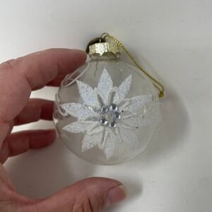 Thomas Pacconi Clear Glass Poinsettia Christmas Ornament White Glitter Beads